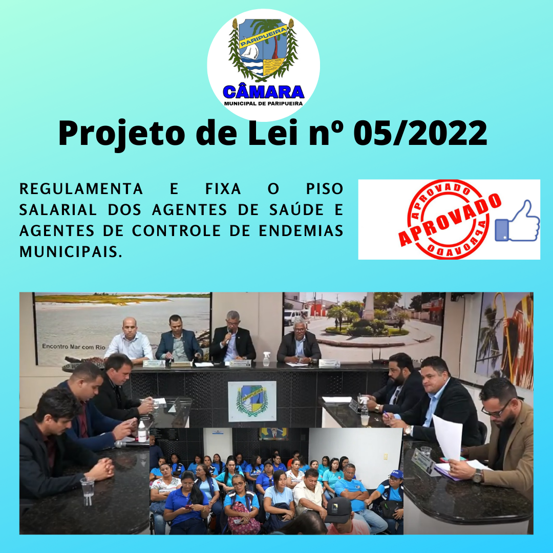 Câmara aprova Projeto de Lei que regulamenta e fixa o Piso Salarial dos Agentes Comunitários de Saúde e Agentes de Controle de Endemias deste município.